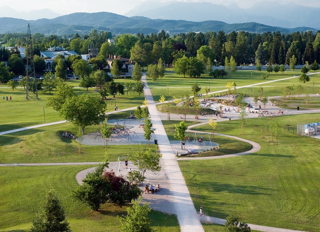 An aerial view of the new park and playground.