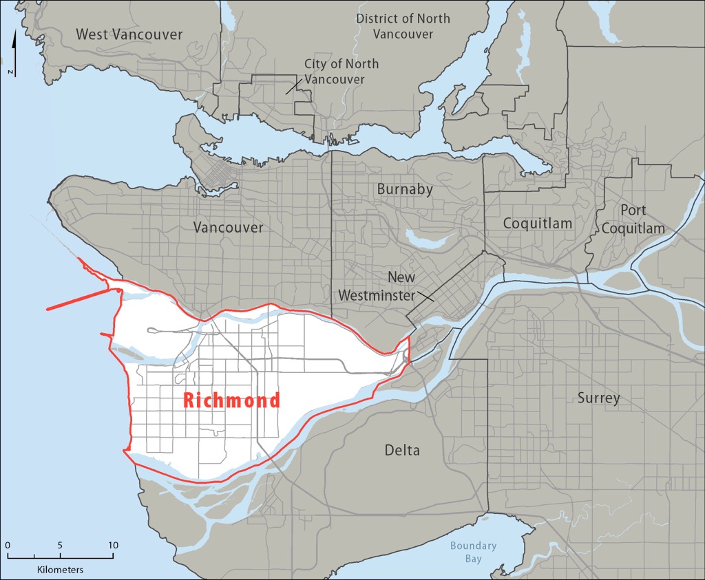 A map showing Richmond and the Vancouver area.