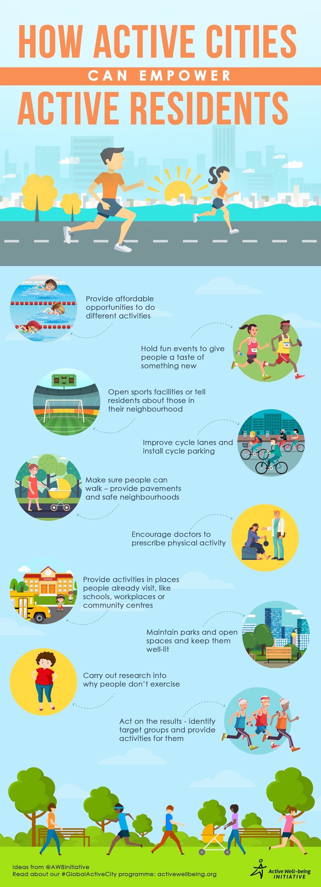Provide affordable opportunities to do different activities. Hold fun events to give people a taste of something new. Open sports facilities or tell residents about those in their neighbourhood. Improve cycle lanes and install cycle parking, Make sure people can walk - provide pavements and safe neighbourhoods. Encourage doctors to prescribe physical activity. Provide activities in places people already visit, like schools, workplaces or community centres. Maintain parks and open spaces and keep them well-lit. Carry out research into why people don't exercise. Act on the results - identify target groups and provide activities for them.